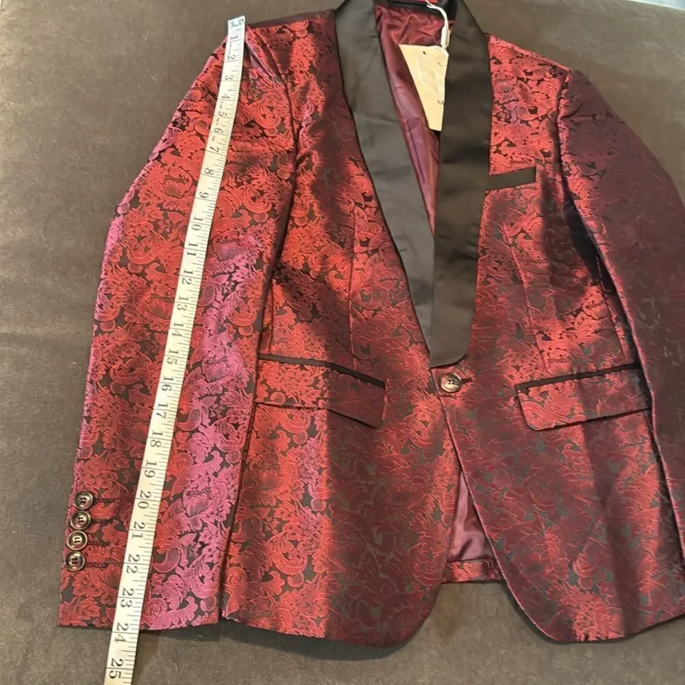 Men’s Boys Burgundy Paisley Slim Fit 3 Piece Tuxedo Size 30 Jacket 29 Pants NWT